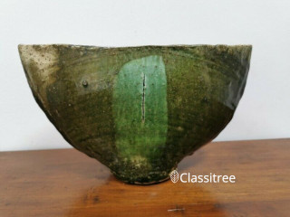 Semi round oval upright pottery vase green